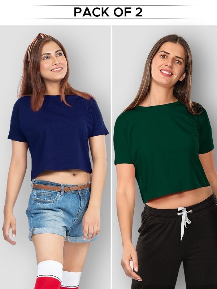 Pack of 2 Crop Top T-shirt Combo Navy Blue Bottle Green