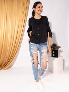 Black Buttoned Balloon Women Tops