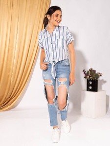 Striped Front Tie Casual Shirts for Women