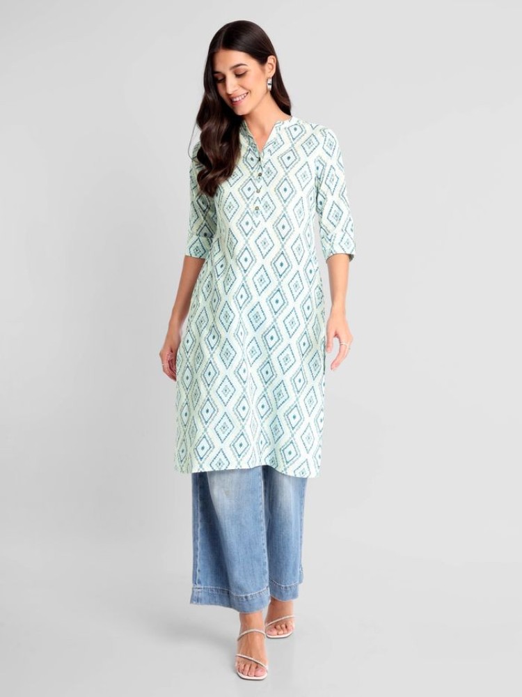 White Block-Print Straight Kurta