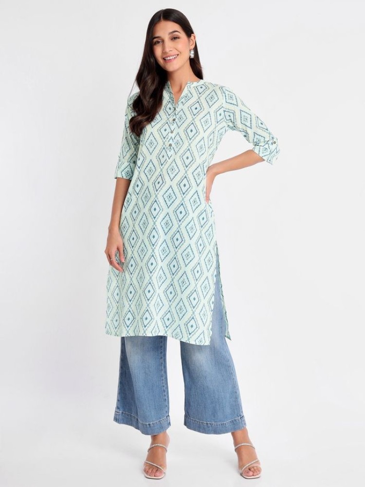 White Block-Print Straight Kurta