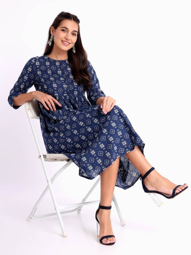 Blue Printed A-line Kurta