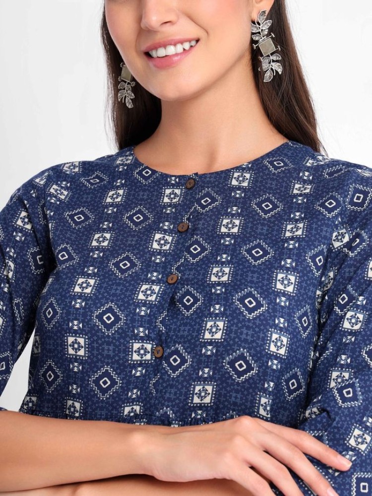 Blue Printed A-line Kurta