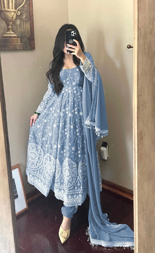 New Sky Blue Chikankari Work Anarkali