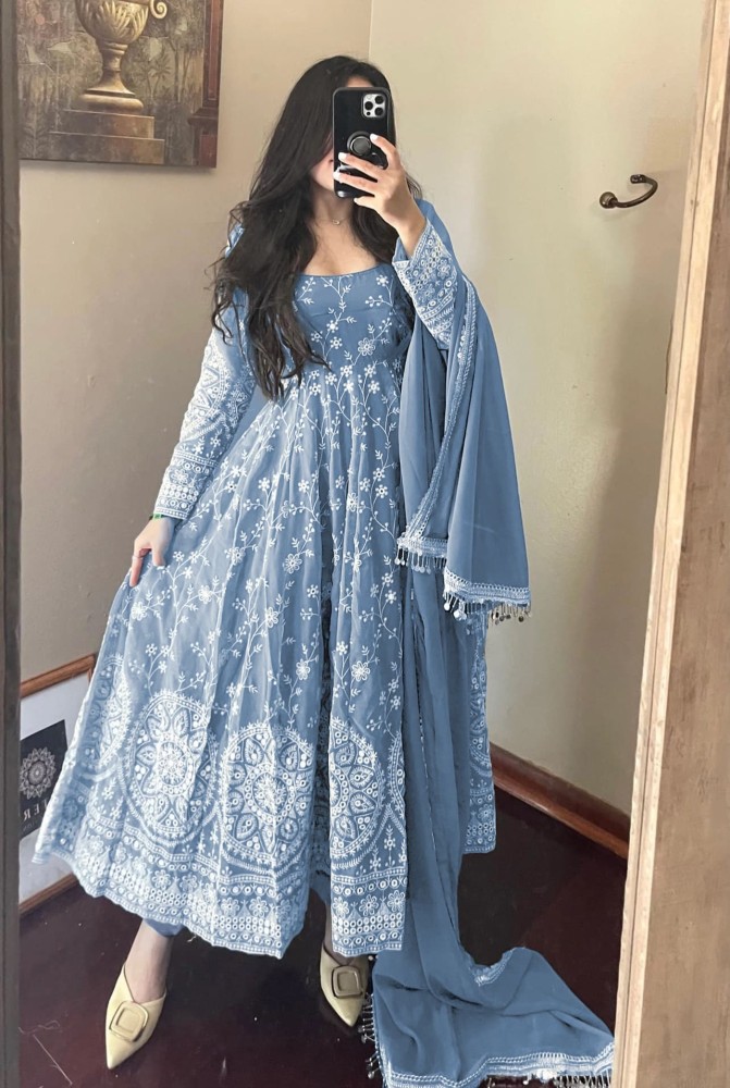 New Sky Blue Chikankari Work Anarkali