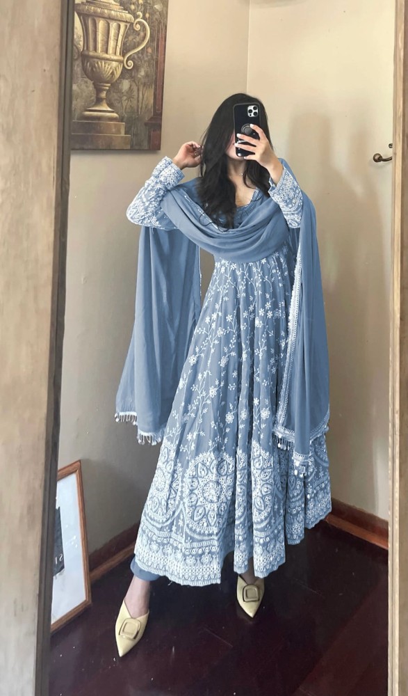 New Sky Blue Chikankari Work Anarkali