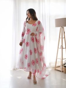 NEW WHITE PINK FLOWER PRINT ANARKALI