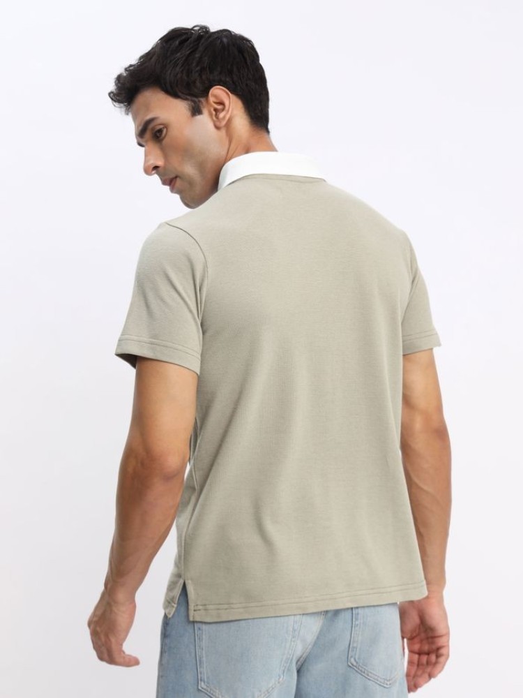 Sand Beige Zipper Mens Polo T-shirt