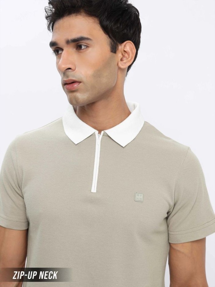 Sand Beige Zipper Mens Polo T-shirt