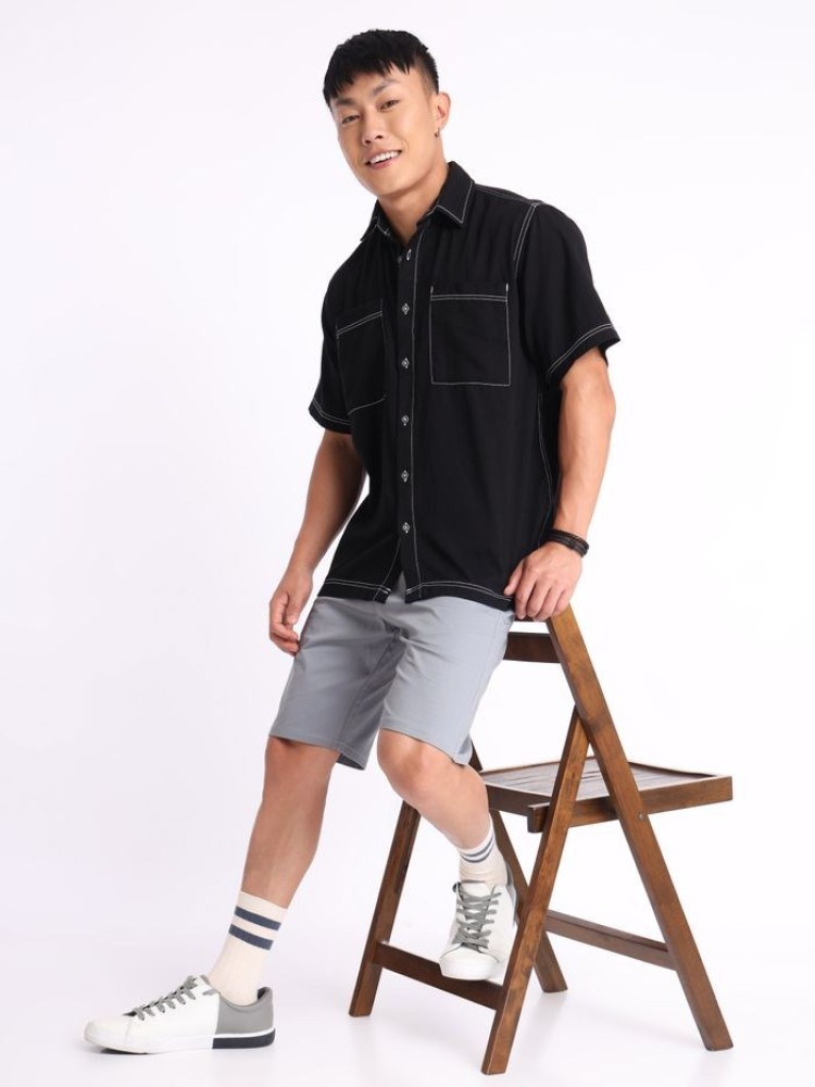 Black Contrast Stitch Urban Shirt for Men